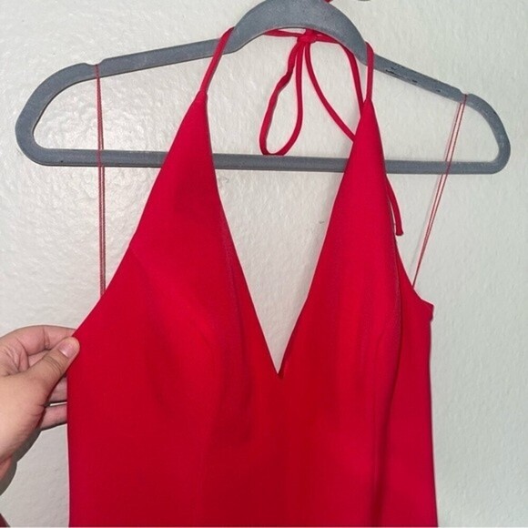 aidan mattox plundging halter crepe hot pink asymmetrical peplum midi dress 6 - Picture 5 of 9